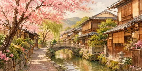 Canal illustré à Kyoto, passerelle, maisons de bois et arbres en fleurs.