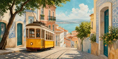 Rue illustrée de Lisbonne, tramway jaune et vue sur le Tage.