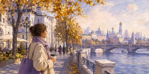 Promenade illustrée inspirée de Moscou, rivière et arbres d’automne.