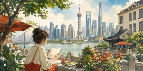 Promenade illustrée à Shanghai, lecture face au fleuve et à la ville.