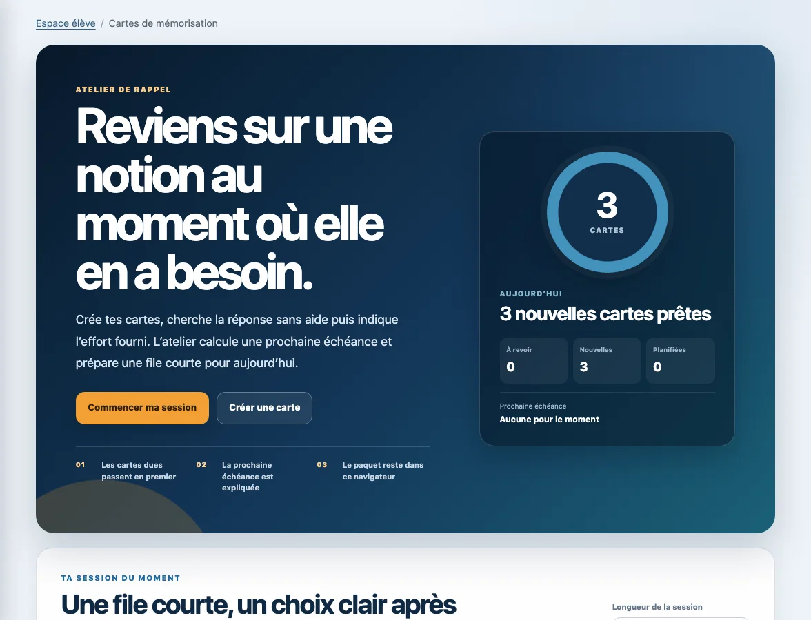 Atelier Maxdecours présentant la file de cartes à revoir et la prochaine échéance