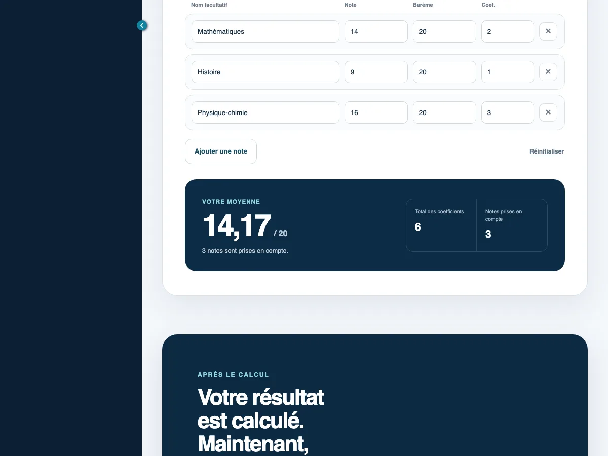 Calculateur Maxdecours affichant une moyenne pondérée, le total des coefficients et le nombre de notes prises en compte