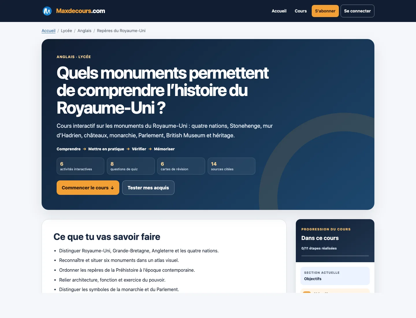 Aperçu d’un cours Maxdecours de Anglais en première