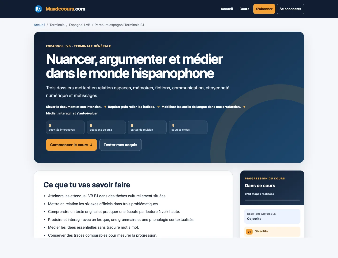 Aperçu d’un cours Maxdecours de Espagnol LVB en terminale