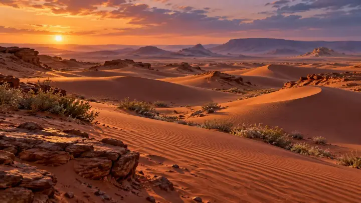 Reconstitution de dunes de sable rouge et doré, avec des affleurements de grès et une végétation clairsemée.