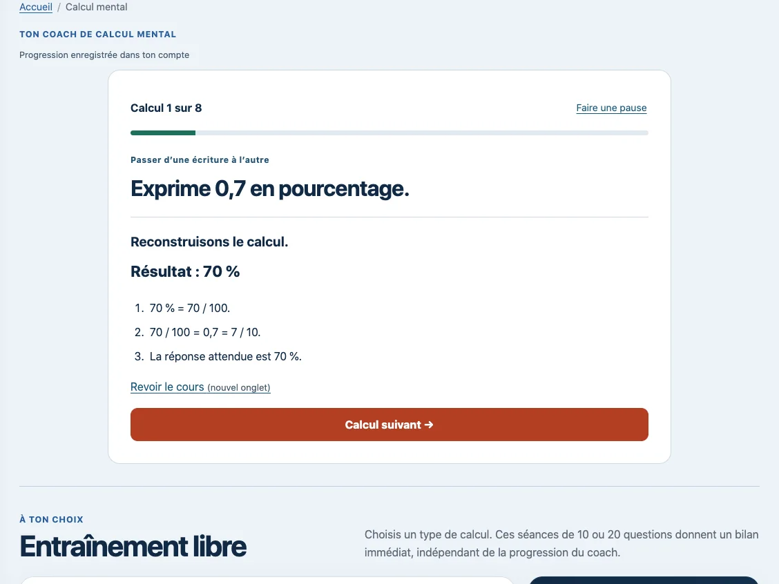 Correction en trois étapes dans le coach de calcul mental Maxdecours