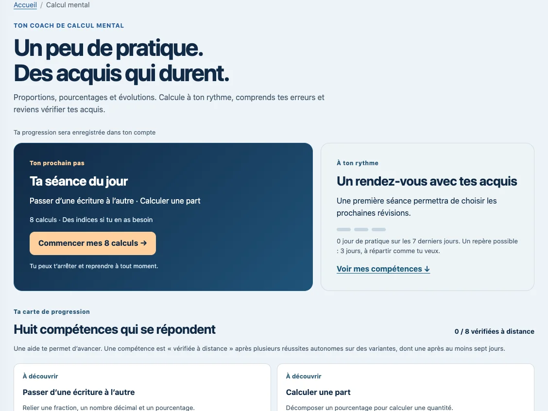 Coach de calcul mental Maxdecours : séance de huit calculs et carte de progression dans l’espace abonné