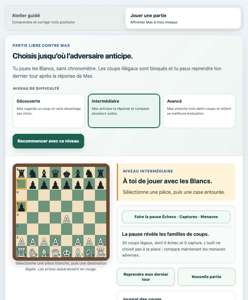 Partie d’échecs Maxdecours au niveau Intermédiaire avec les trois difficultés visibles